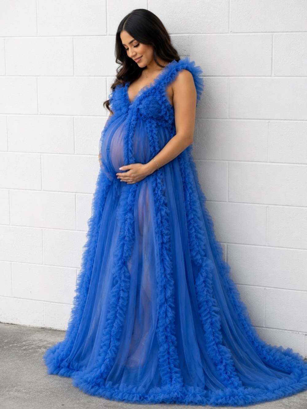 Blue Ruffled Tulle Formal Gown